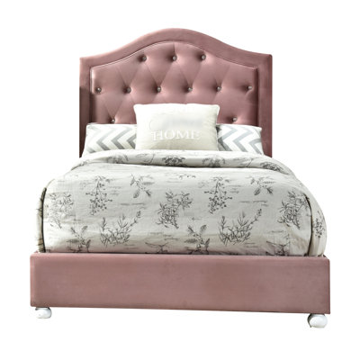 Lit simple avec tissu rose - 45,73 po Hauteur, cadre attrayant dans un matelas de soutien sans sommier