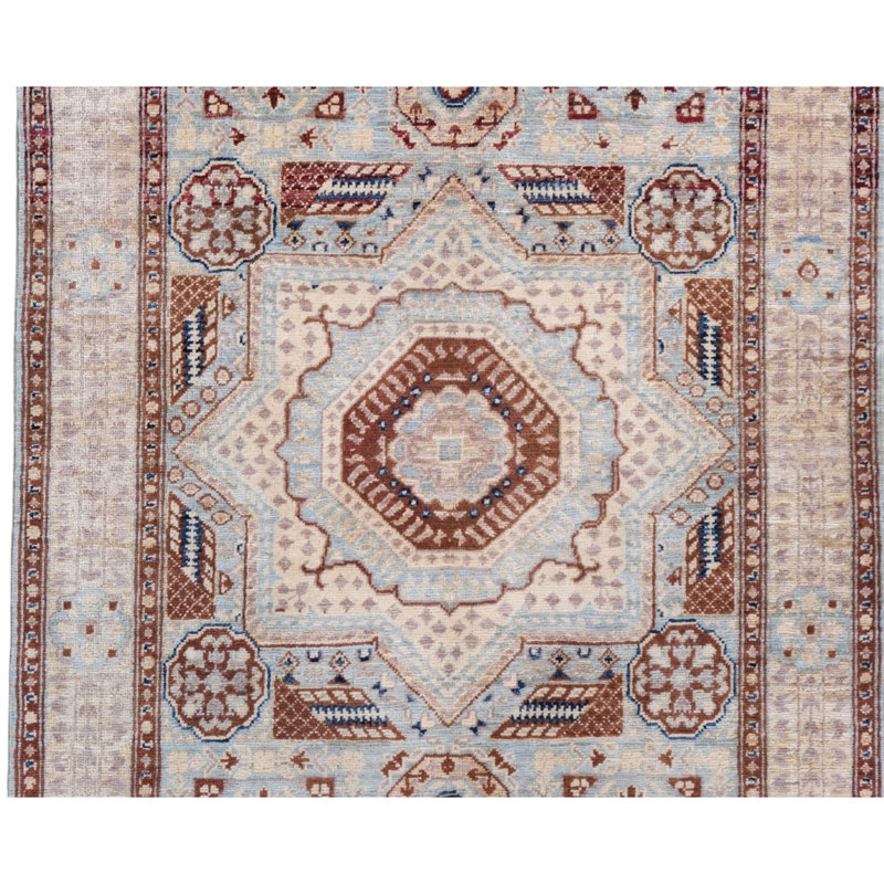 Tapis bleu et beige noué à la main de haute qualité