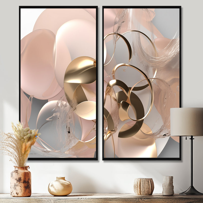 Art liquide, effervescence dorée et rose - impressions sur toile dorées, H 32 po x l 32 po, Impression encadrée flottante