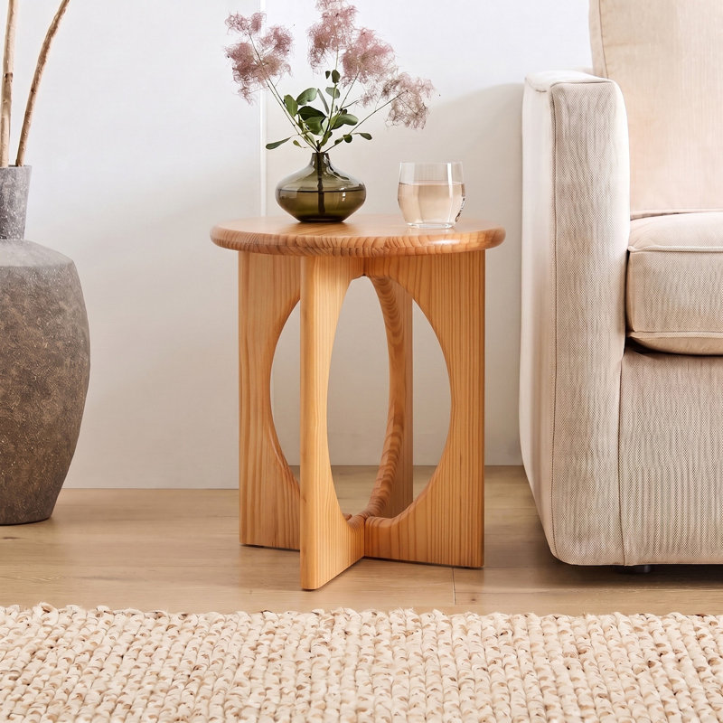 Natural Pine Wood Round End Table - Modern Geometric Cross-Leg Accent Side Table