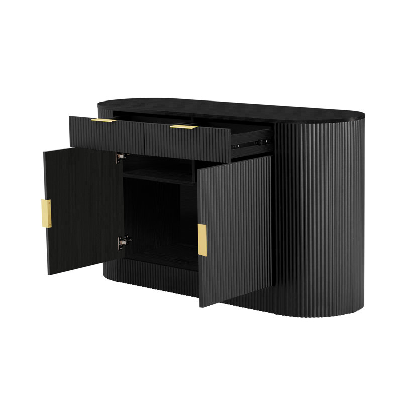 Buffet à porte courbée moderne - Armoire en MDF de 55,1 po avec finition rayée et poignées en aluminium, Noir