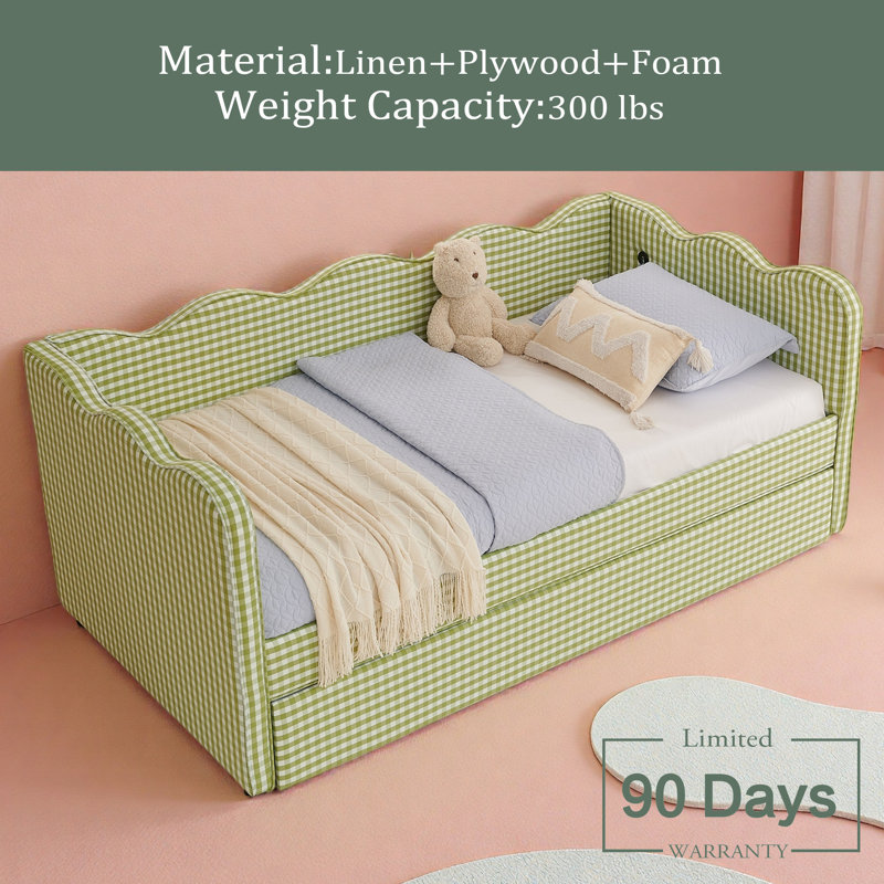 Lit de jour en vichy douillet avec lit gigogne simple sans sommier, avec port USB et adorable tissu en forme de vague, Vert