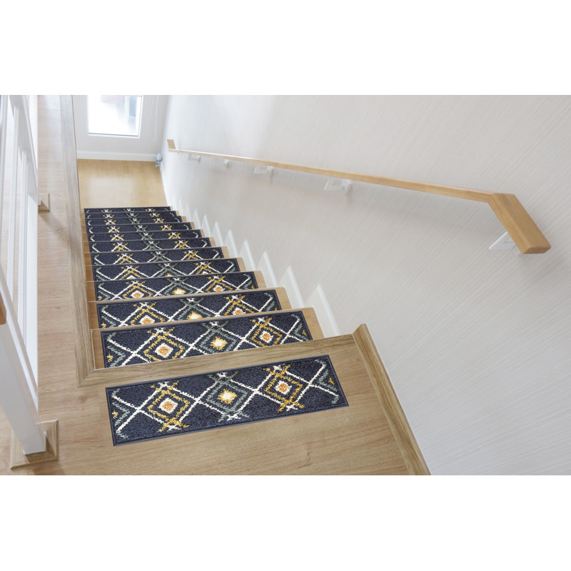 Tapis d'escalier moderne géométrique bleu / jaune