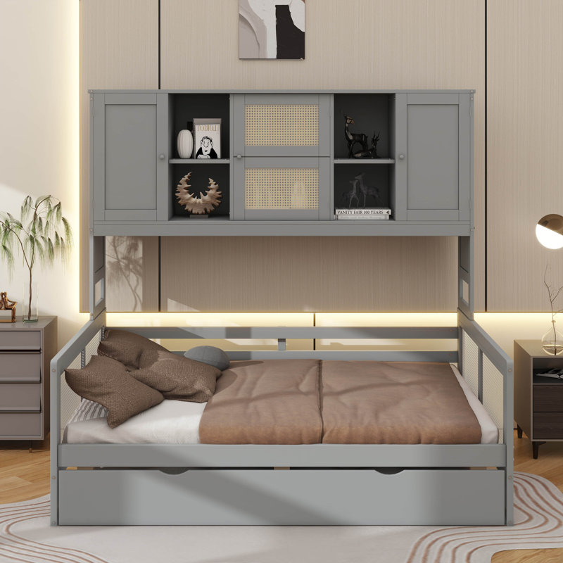 Lit de jour en bois avec couchette coulissante et armoire intégrée, Lit double, Gris