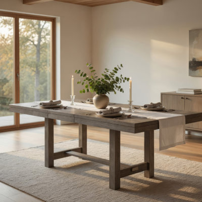 Table de salle à manger extensible Genu de 66 à 84 pouces, base en tréteaux, bois massif gris