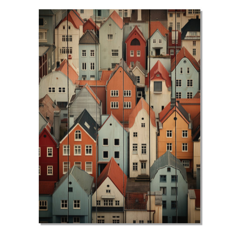 Danemark, toits écarlates, collage II sur bois, H 40 po x l 30 po x P 0,78 po