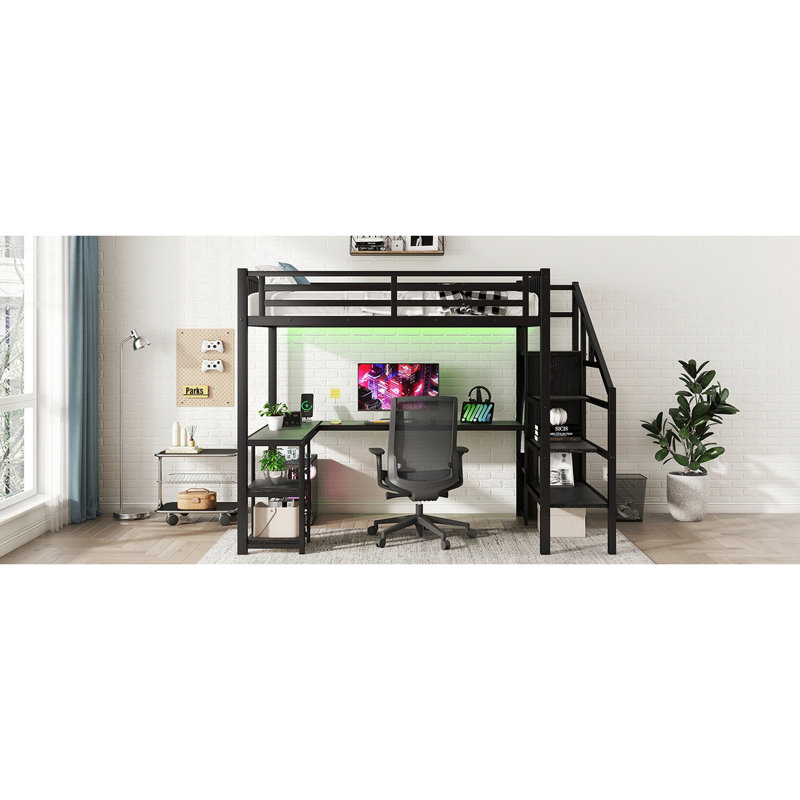Metal Loft Bed With Desk, Storage, Plug And Led - Black For Bedroom Full Made Of Wardrobe, A