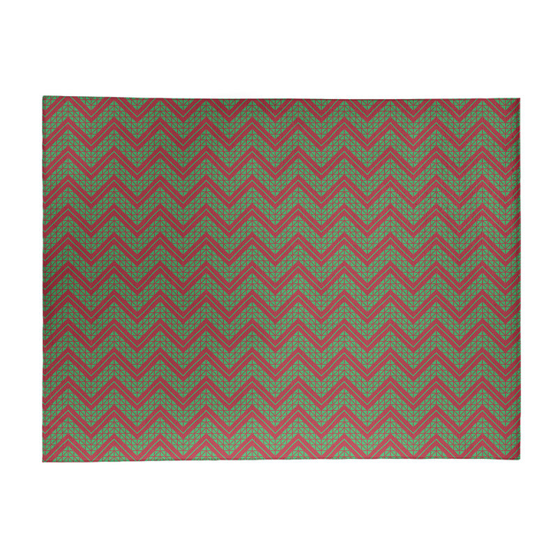 Tapis à chevrons fait main vert/rouge, Rectangle 5 pi x 7 pi