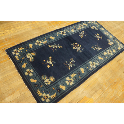 Blue Rectangle 1920s Antique Wool Hand Knotted Pile Rug