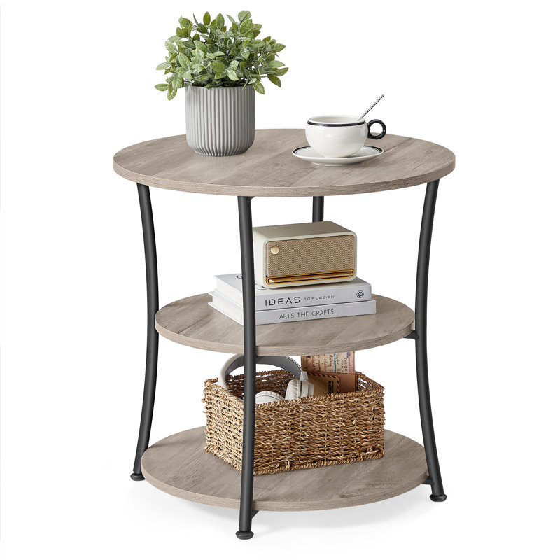 Graeber Round End Table with 3-Tier Storage Shelves, Heather Greige/Black