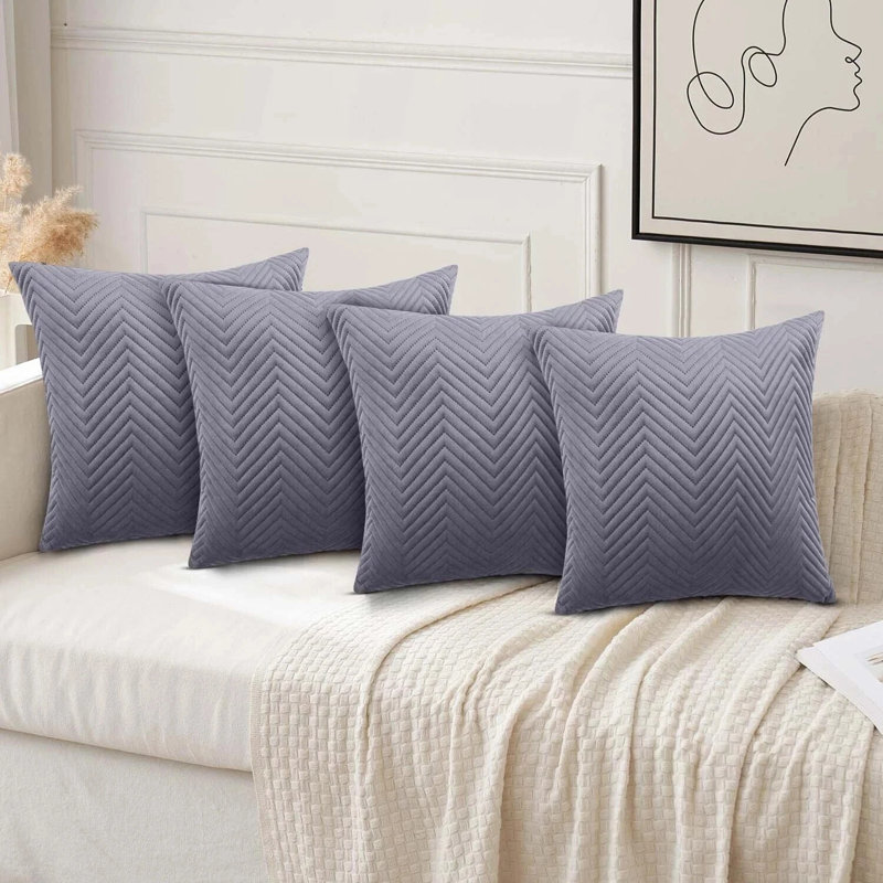 Luxury Chevron Embossed Quilted Pattern Velvet Cushion Cover Set (4-Pack) - Soft Throw Cushion Cover for Home Décor, Grey