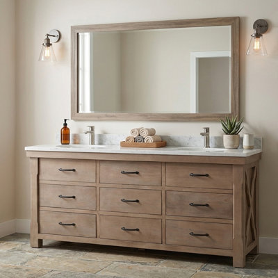72 po Meuble-lavabo double de style campagnard en bois naturel avec plateau en marbre blanc assemblé