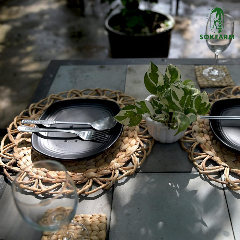 Boho Wicker Placemats Set Of 10 - Handwoven Water Hyacinth Round Placemats For Dining Table, Natural And Eco-Friendly Home Decor