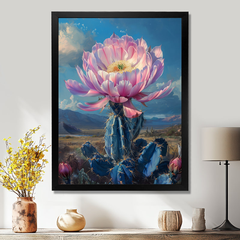 Rose rose, fleur bleue, cactus Grace IV - cactus floral, Toile encadrée noire simple, H 40 po x l 30 po x P 1,5 po