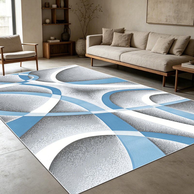 1PC Modern Abstract Blue Grey Swirl Geometric Line Pattern area rugs for Living Room, Soft and Comfortable, Suitable for all seasons, easy-to-maintain, machine washable Indoor floor mat, Under Table Farmhouse suitable for dining table area, bedroom
