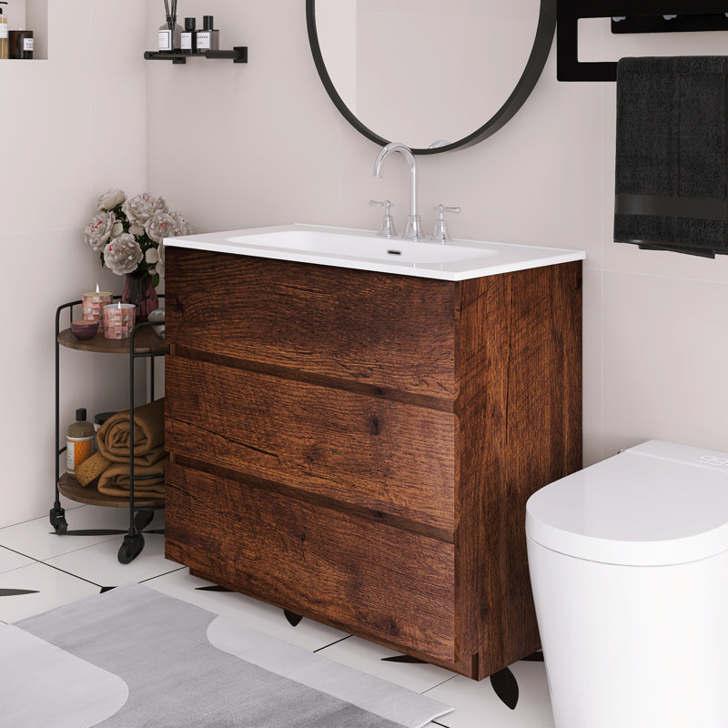 36" Free-Standing Bathroom Vanity With Ceramic Sink, Walnut
