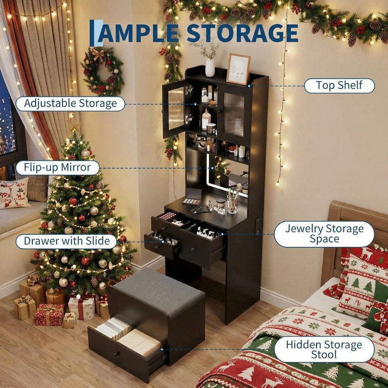 3-in-1 Vanity Desk with LED Mirror & Chair – Tall Makeup Vanity Set with 2 AC Outlets & USB-c Port – Storage Drawers with Acrylic Doors, Jewelry Organizer & Nightstand Function