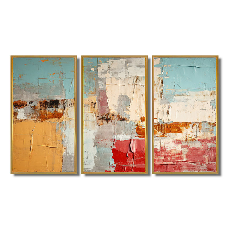Nostalgie en bleu, rouge, orange, ensemble d'art mural abstrait, Cadre flottant doré, H 40 po x l 60 po x P 1 po