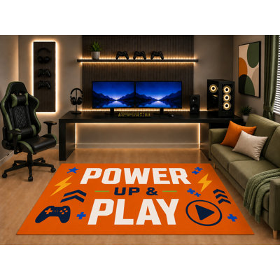 "Ultra Light Weight" 5' x 7' Power Up and Play Gaming Area Rug Bold Controller Graphic for Boys Teen Bedroom Game Room Playroom Non-Slip Silicone Backing Low Pile