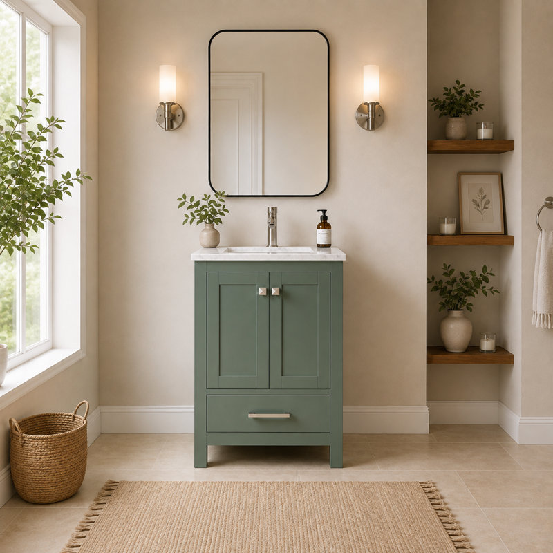 Ensemble de meuble-lavabo autoportant 24 po Amandie en vert forêt avec plateau en marbre de Carrare, Marbre / Carrare blanc