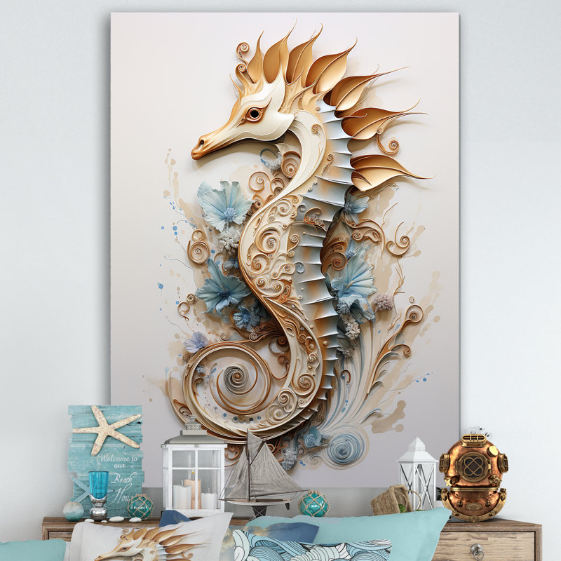 Hippocampe magique beige I sur toile, Toile tendue, H 32 po x l 16 po