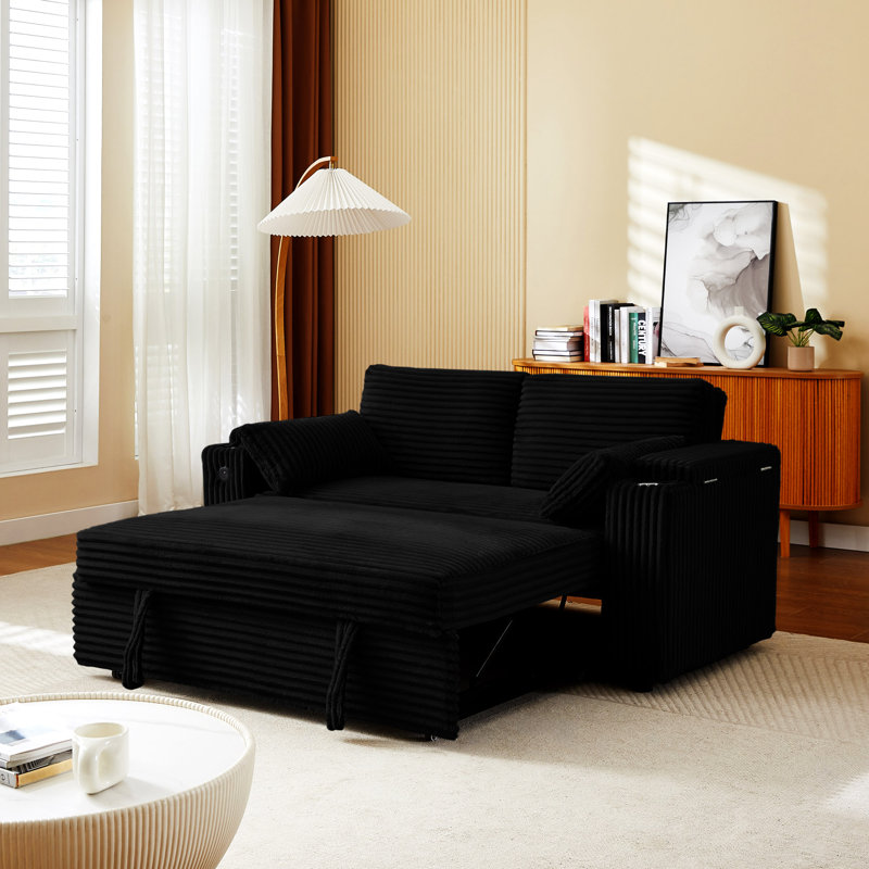Canapé-lit avec causeuse avec accoudoirs de rangement et port USB, Noir