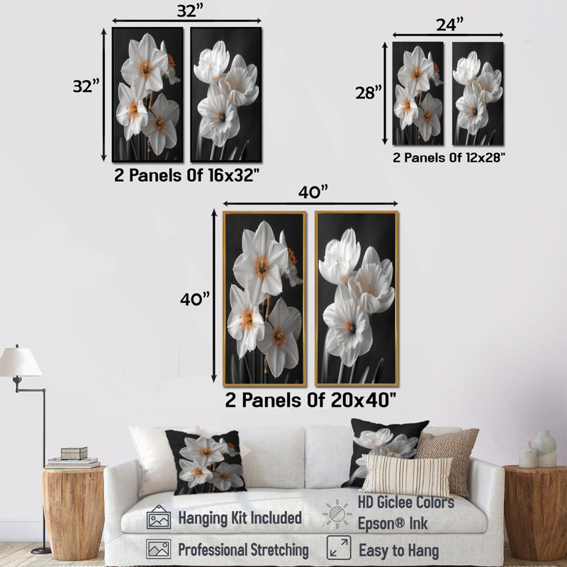 Ensemble de 2 jonquilles botaniques blanches, jaunes et jaunes, H 40 po x l 40 po, Impression encadrée, Argent argent
