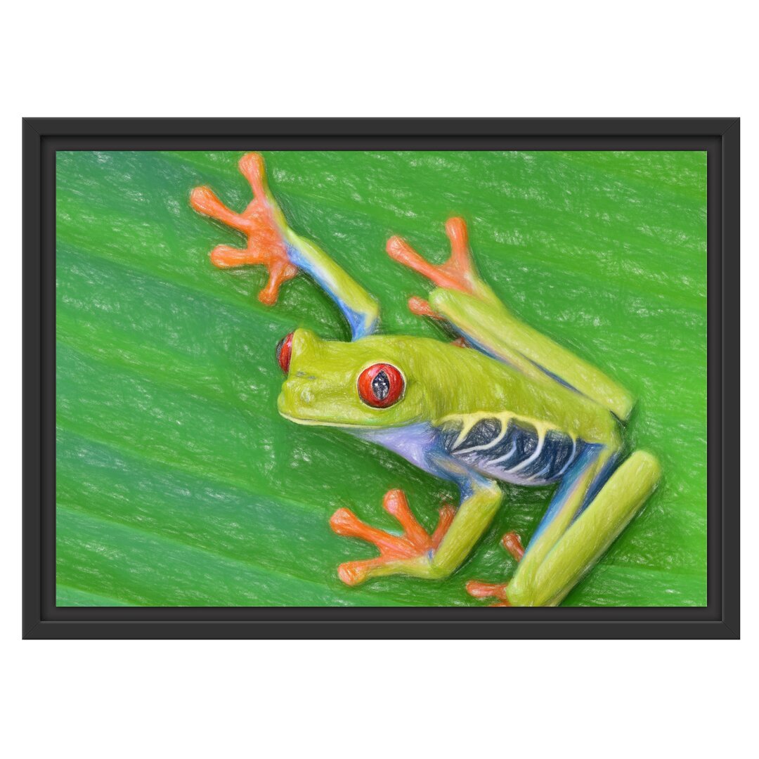 Gerahmtes Wandbild kleiner Frosch auf Blatt