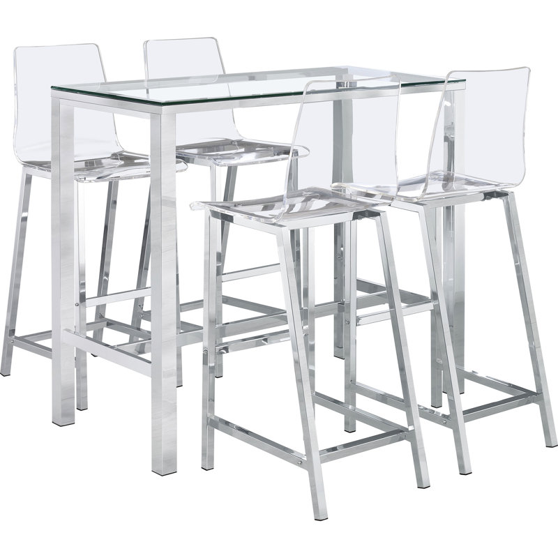 Élégant bar 5 avec détails en verre, table rectangulaire et 4 dossiers en acrylique pour un look moderne en verre, ambiance sièges
