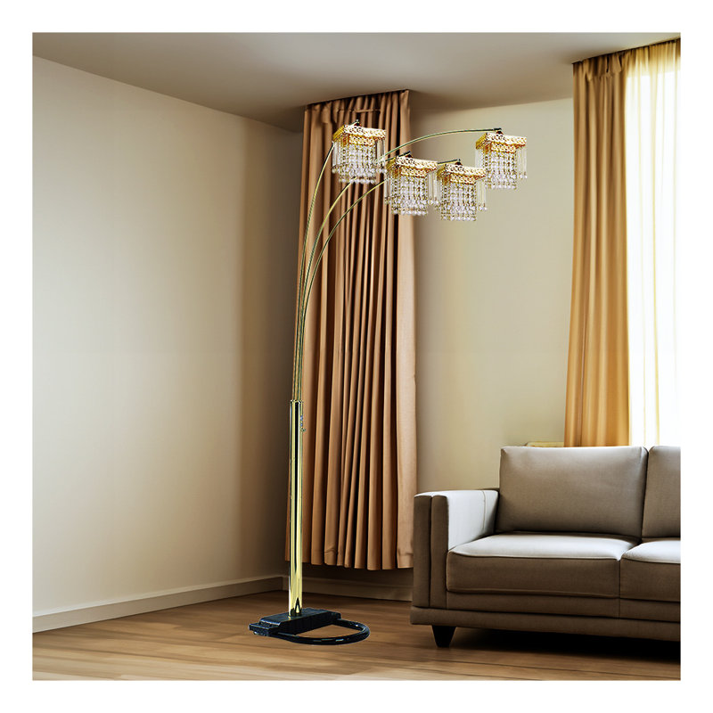 Lampe sur pied à arche en cristal moderne 4 lumières à abat-jour carré en or noir avec bras réglables pour le salon, la chambre à coucher et le bureau
