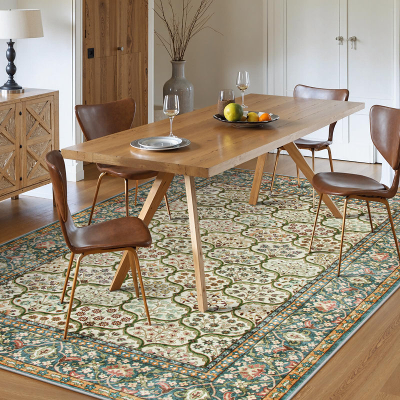 Short Cashmere Floral and Plant Border Area Rug For Living Room, Rectangle 5' x 7'