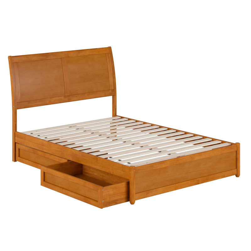 Lit plateforme en bois massif Lamayia avec pied de lit et tiroirs de rangement, Full, Light Toffee