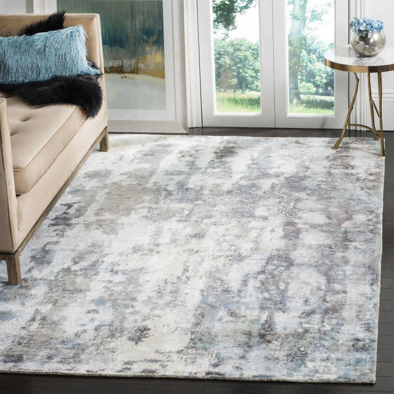 Tapis gris touffeté à la main à motif abstrait Issouf, Rectangle 8 pi x 10 pi