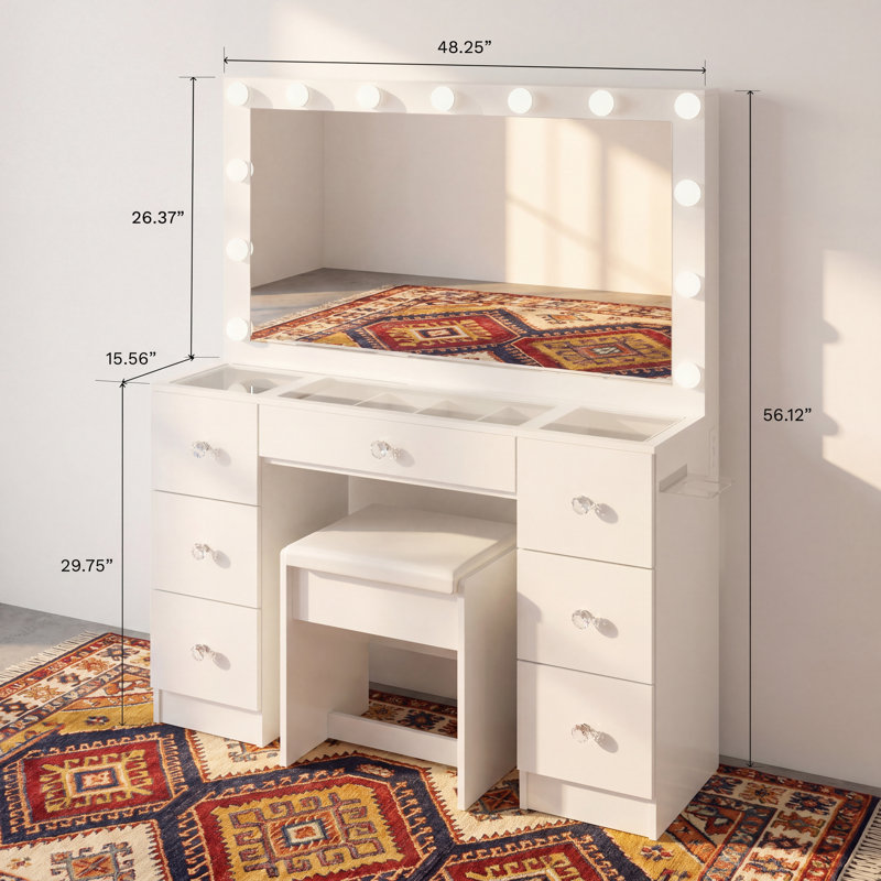 Coiffeuse Boahaus Eve avec lumières DEL, plateau en verre, 7 tiroirs et prise de courant, Blanc / Blanc