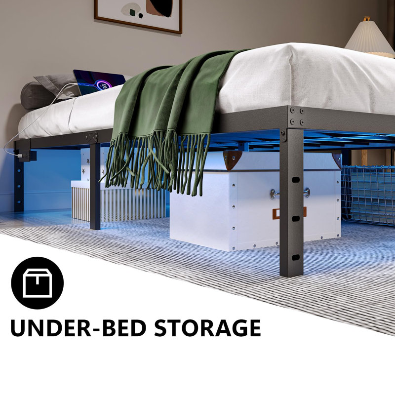14 Inch Platform Bed Frame With Led Lights Charging Station Black Metal Mattress Foundation No Box Spring Needed Large Storage Space Anti-Noise