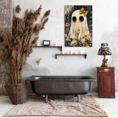 Ghost Canvas Prints Vintage Halloween Ghosts In Floral Picture Wall Decor Moody Ghost Wall Art Autumn Halloween Canvas Painting Best Wall Decor For Haunted House Party Framed 16X24 Inch