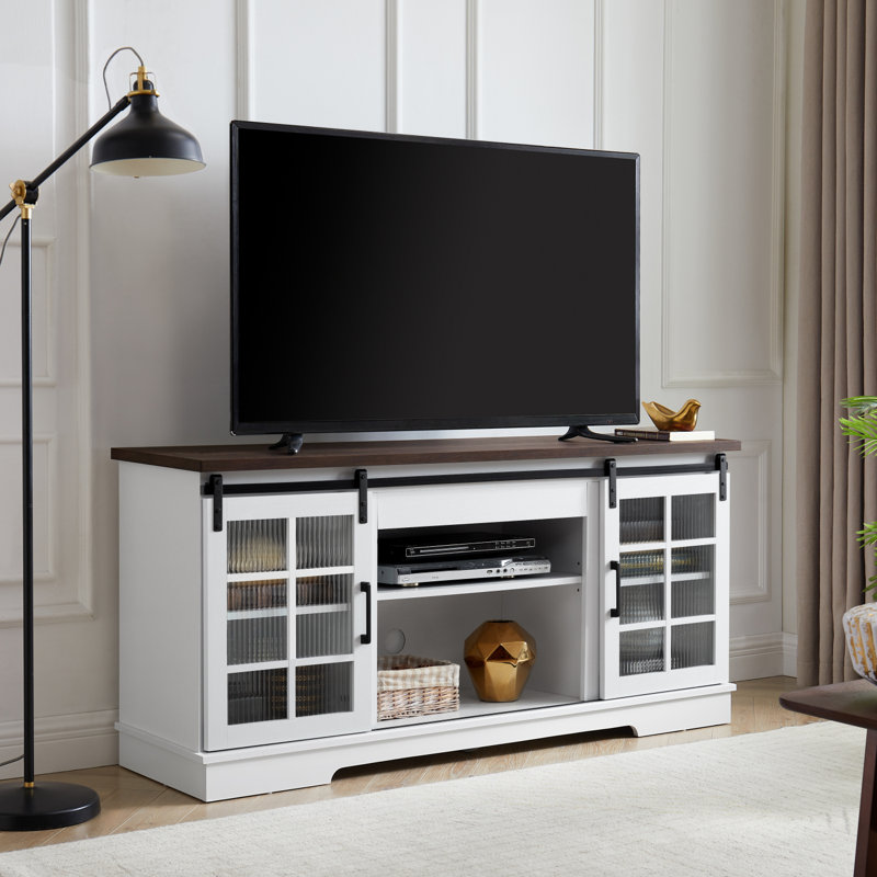 Multipurpose Sliding Door TV Cabinet Large Storage Cabinet with Glass Doors, White, No