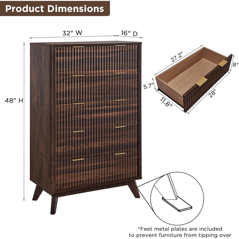 Commode 5 tiroirs Siyuan, Noyer foncé