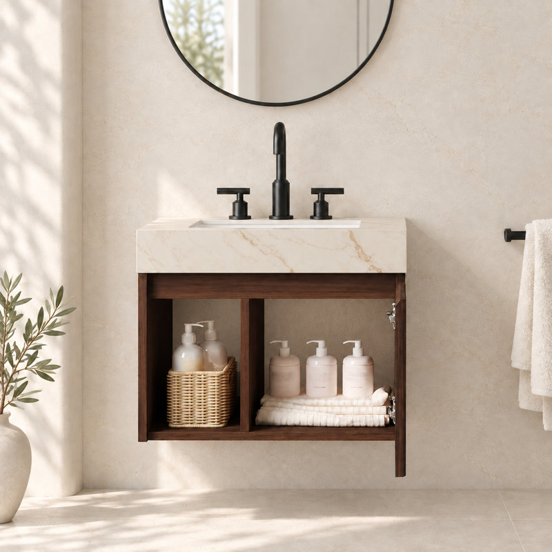 Meuble-lavabo suspendu simple EIDEN de 61 cm (24 po) en noyer avec dessus en pierre frittée couleur crème veinée or, 24"