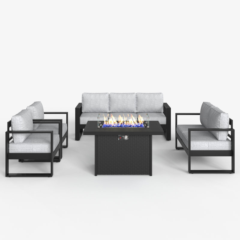 5 Piece Sofa Seating Group With Cushions, Light Grey/Black