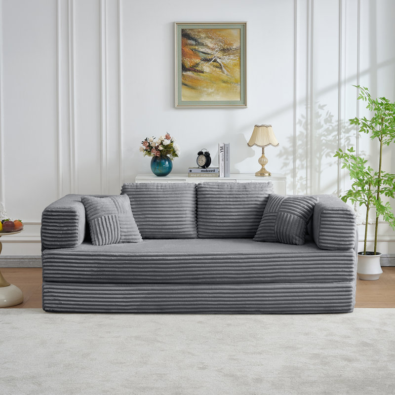 Boneless 79.5" Convertible Sleeper Sofa Corduroy Upholstered Sofa Bed Foldable Floor Couch Daybed with Wide Armrests & Storage Pockets - No Assembly