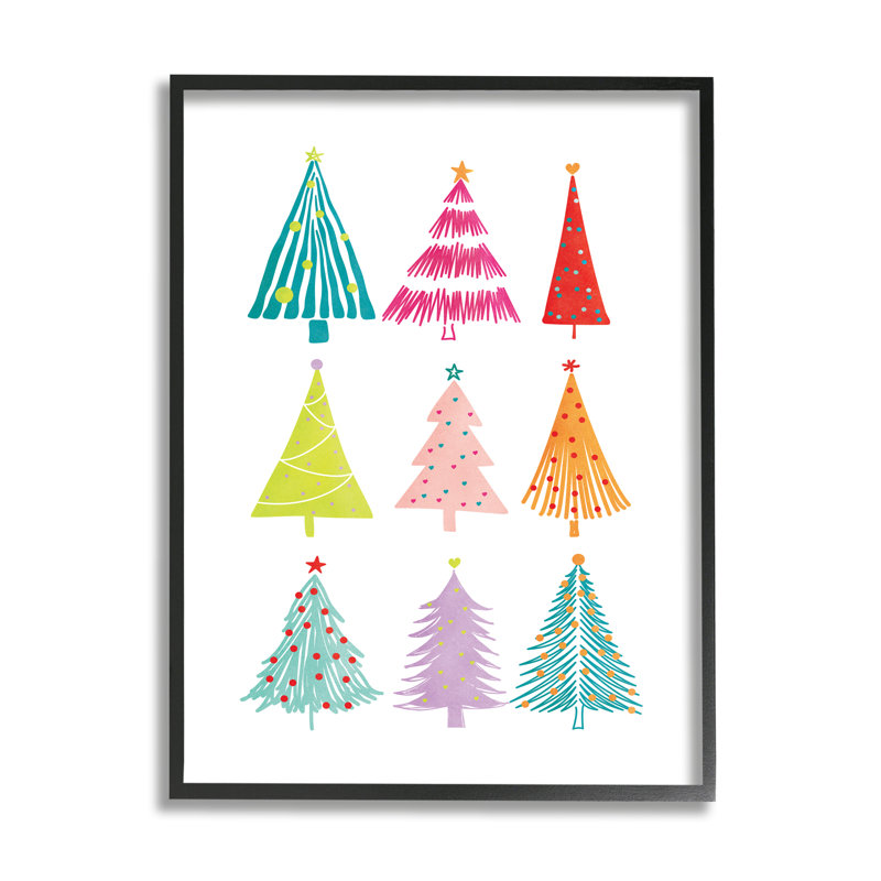 «Varied Fun Christmas Trees» encadré sur bois par JJ Design House LLC, impression, Giclée encadrée noir minuit