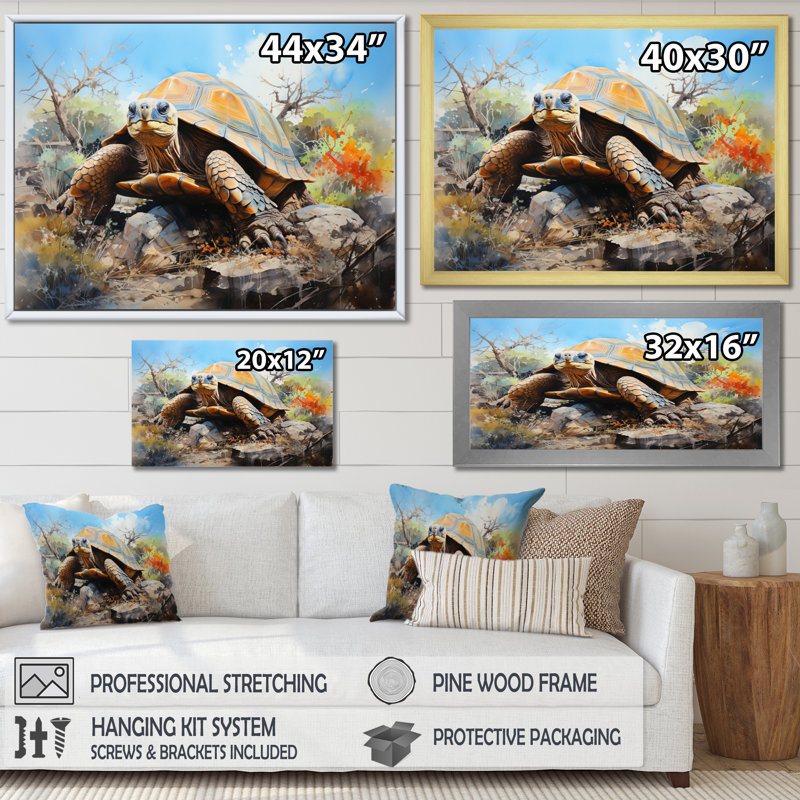 «Turtle On Land I», reproduction d'art sur toile encadrée, Cadre simple noir, H 12 po x l 20 po x P 1 po