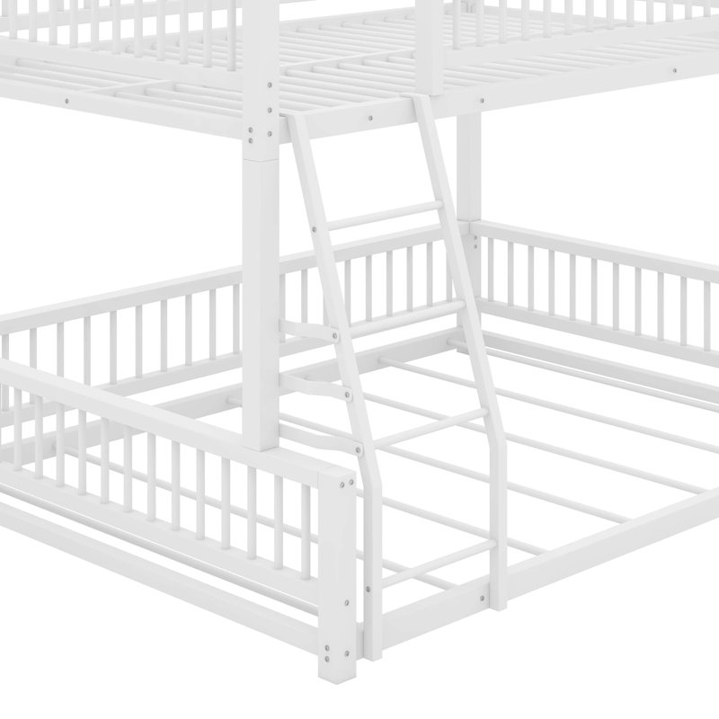 Full XL Over Queen Floor Bunk Bed Frame With Ladder And Safety Guardrails, White