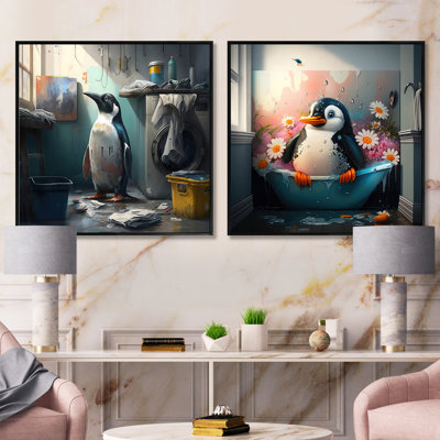 Mignon pingouin faisant la lessive - ensemble de 2 animaux carrés