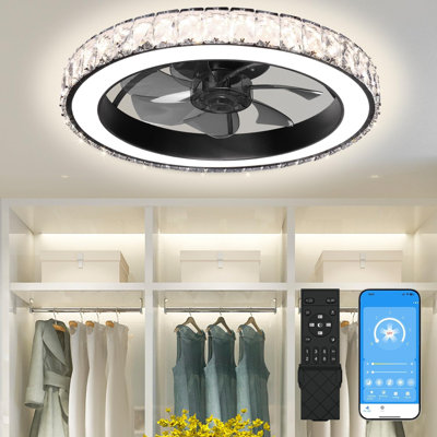 Low Profile Modern Crystal Chandelier Ceiling Fans with Lights and Remote, 3000K-6500K Smart Bladeless