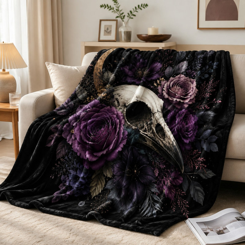 Couverture gothique Raven Skull Floral, Simple (l 60 po x L 80 po)