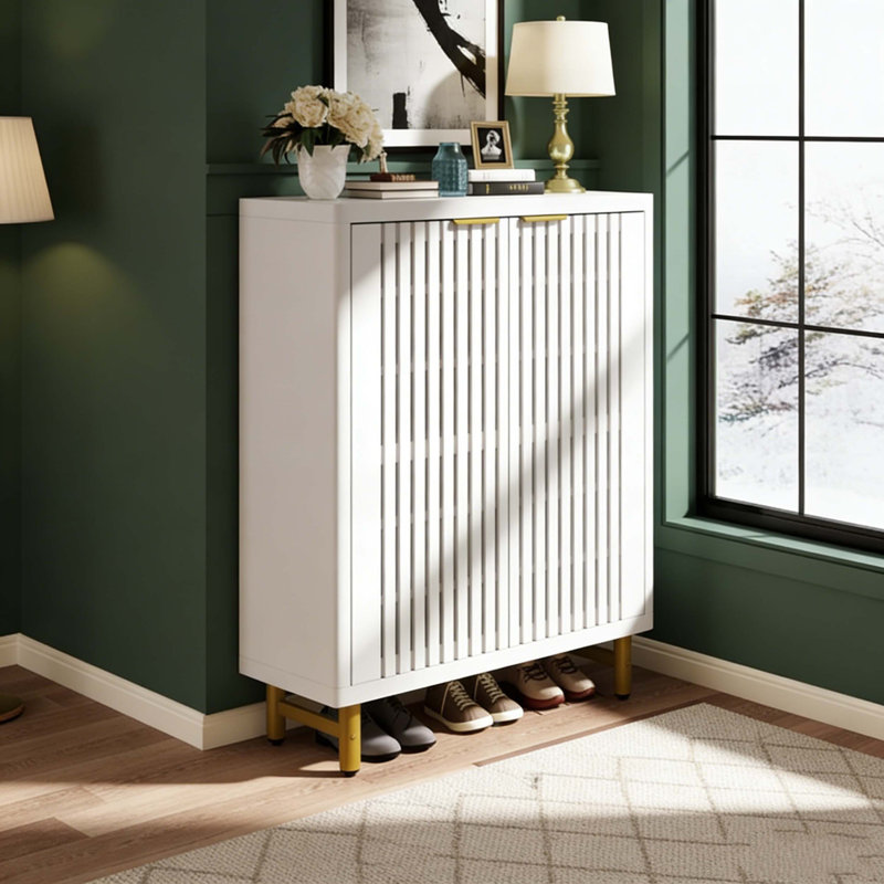 Wooden Shoe Cabinet with Louvered Doors Adjustable Shelves, White
