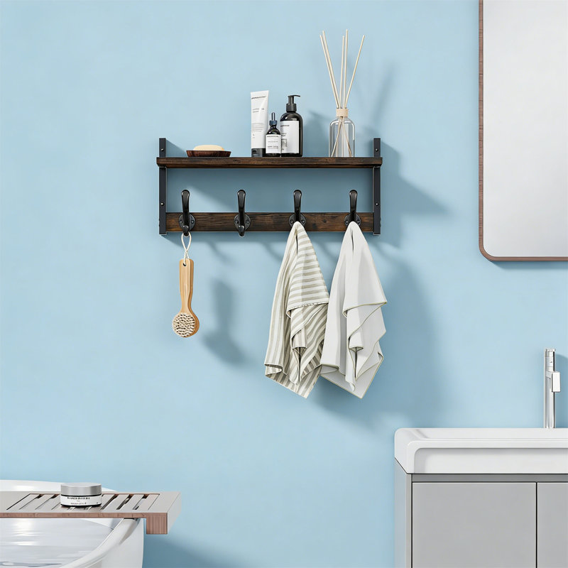 20" Rustic Brown Wall Mount Coat Rack With Shelf