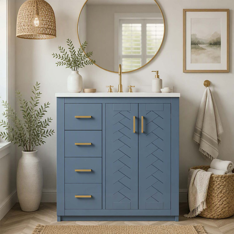 Meuble-lavabo de 76 cm avec lavabo en céramique, structure en bois, 3 tiroirs et portes à fermeture douce pour un rangement durable